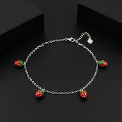 925 Starling Silver Strawberry Charm Silver Anklet | Cute Minimal Chain Anklet for Girls &amp; Women | BJAK-0011