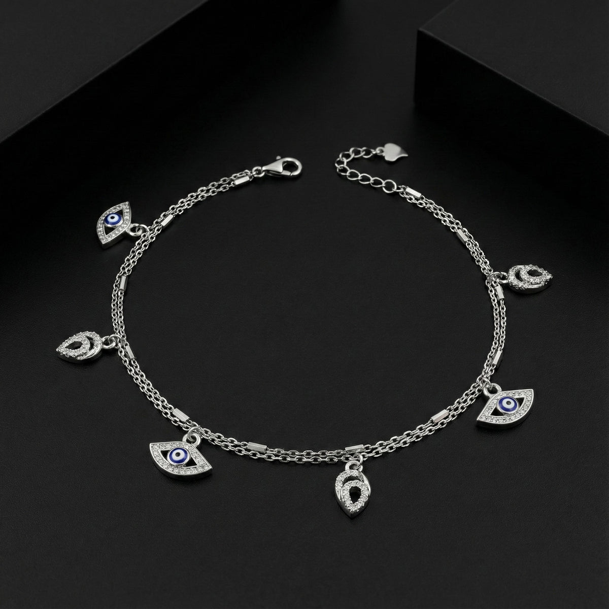 925 Sterling Silver Evil Eye Charm Anklets for Women | Double Chain Design | Protection Jewelry | Adjustable Lenth | BJAK-0007