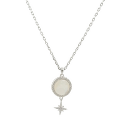 925 Sterling Silver Celestial Mother of Pearl Necklace | Vintage Round Halo & Sparkling North Star Drop Pendant| BJ-021