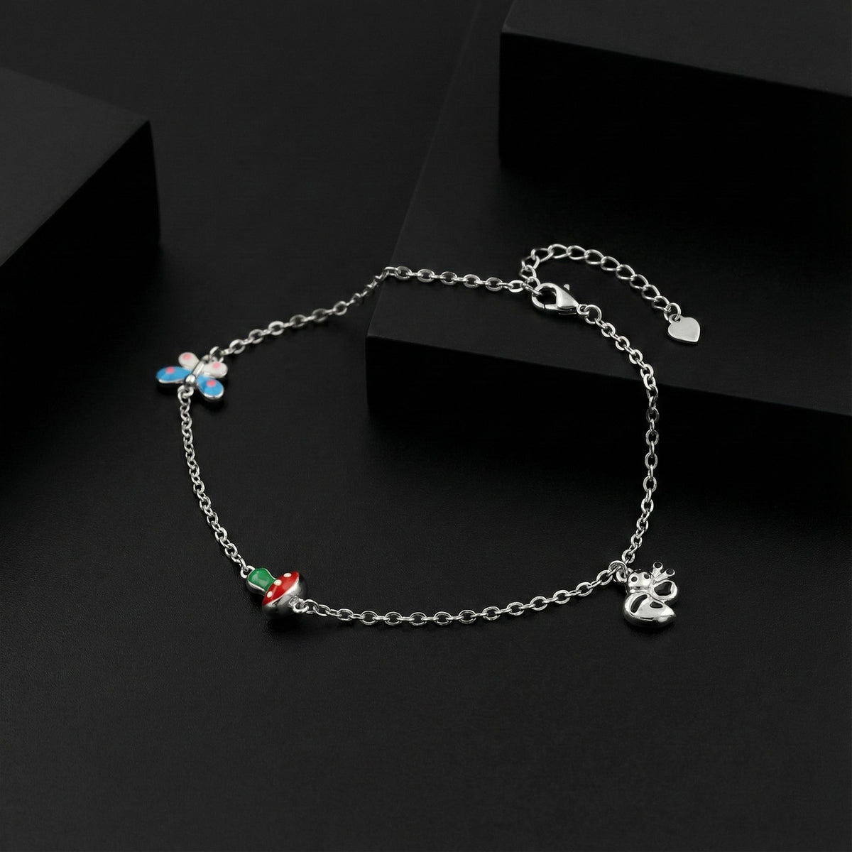925 Sterling Silver Cute Charm Anklets for Girls &amp; Women | Butterfly, Teddy &amp; Mushroom Charms | Adjustable Chain | BJAK-0006