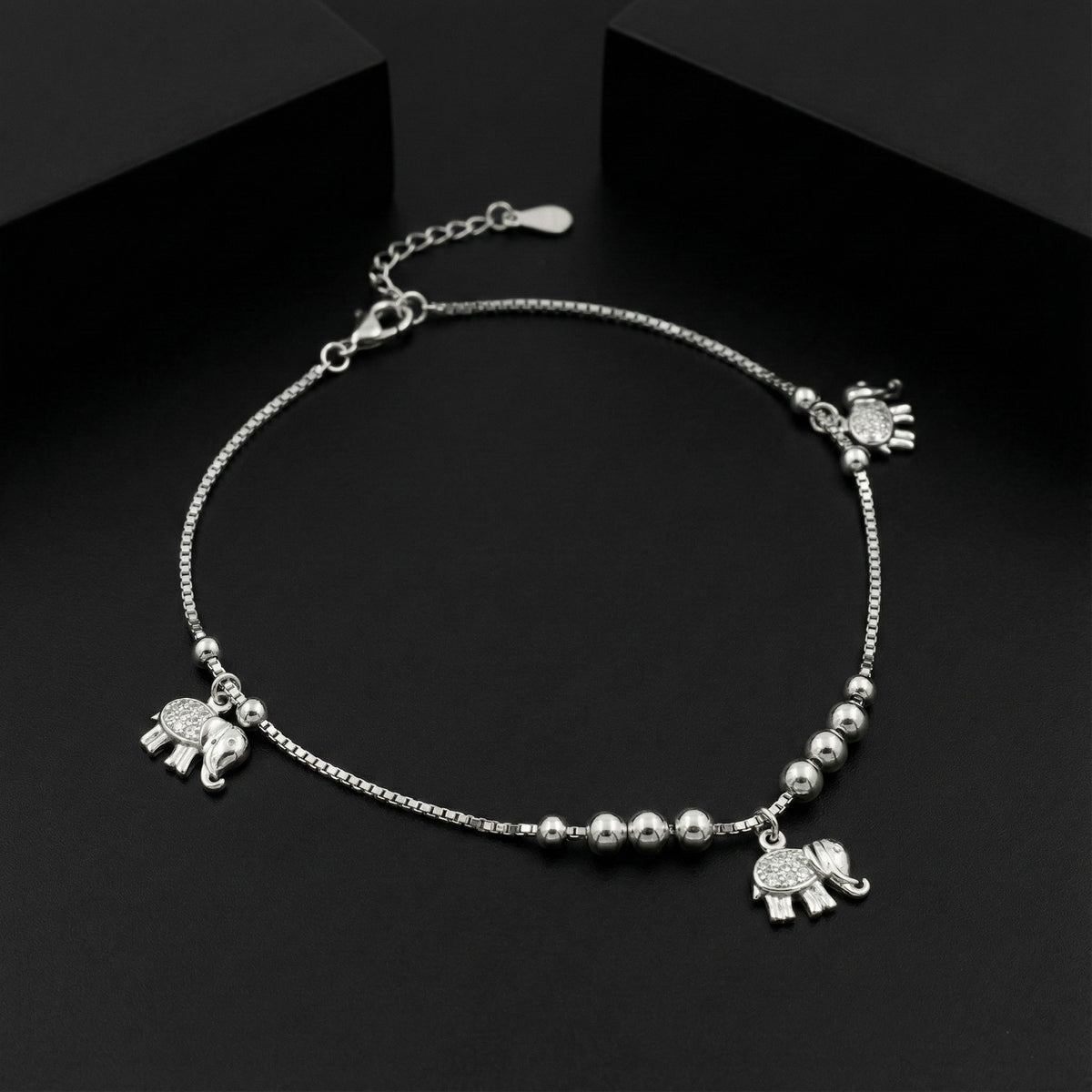 925 Starling Silver Elephant Charm Anklet with Bead Detailing | Adjustable Anklet for Women &amp; Girls | BJAK-0013