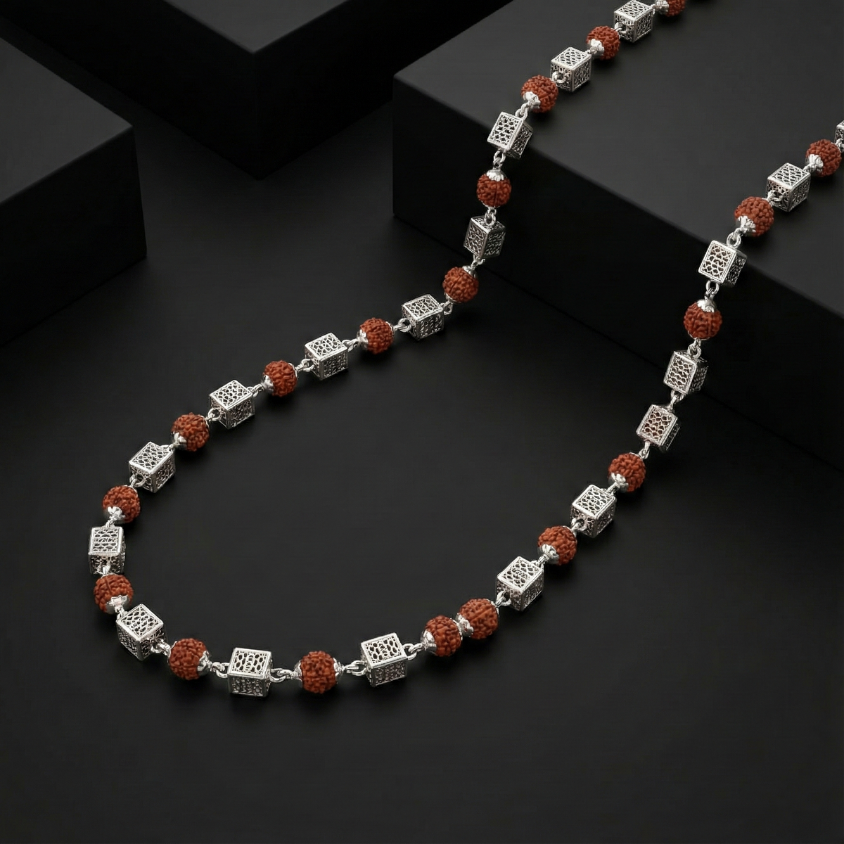 Silver Rudraksha Cube Bead Mala | Handcrafted Spiritual Jewellery | BJRDXMLA-06