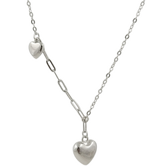925 Sterling Silver Asymmetric Double Heart Necklace | Modern Paperclip Link & High-Polish Puffy Heart Pendant| BJ-25
