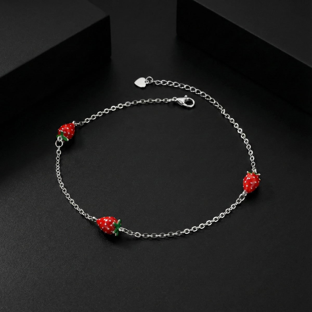 925 Sterling Silver Strawberry Charm Anklets for Girls &amp; Women | Cute Enamel Strawberry Design | Adjustable Chain | BJAK-0005