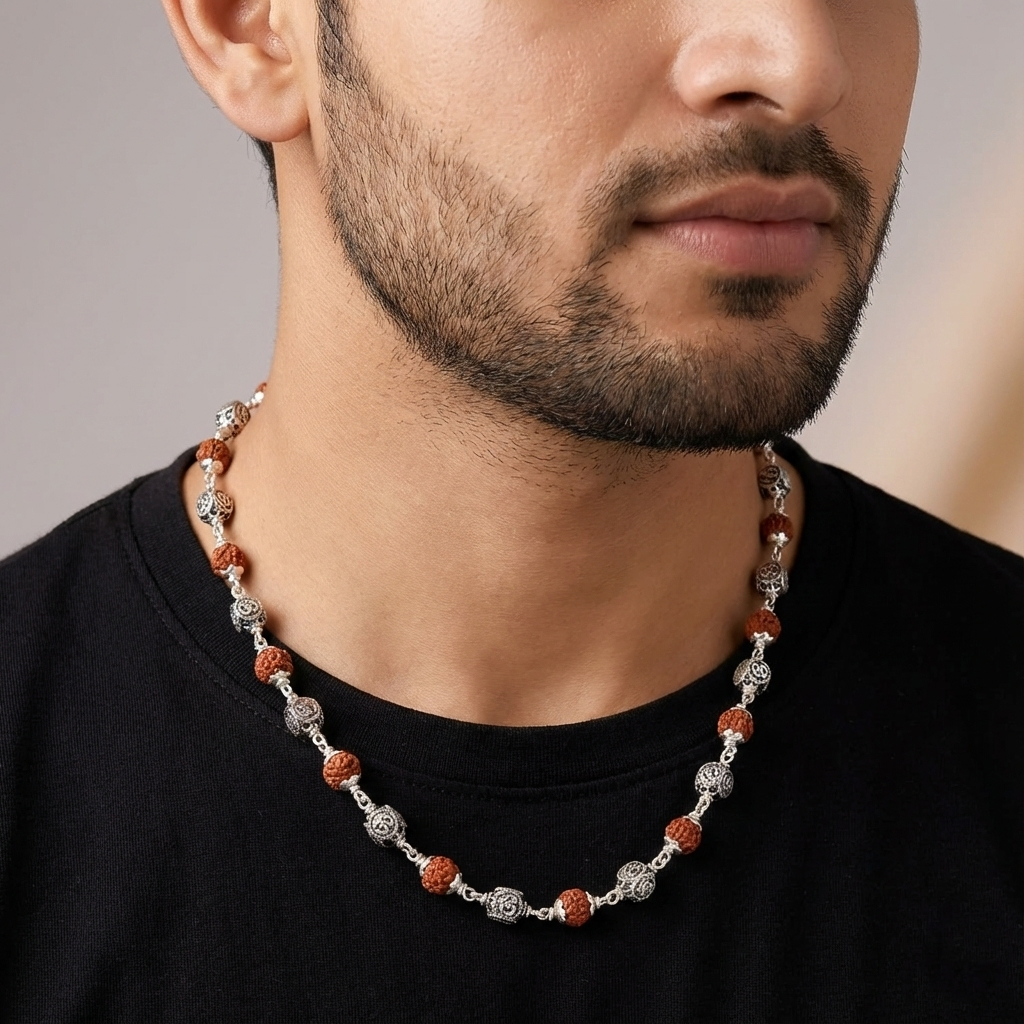 Sacred 925 Sterling Silver Rudraksha Mala – Mahadev Om Engraved Spiritual Chain | BJRDXMLA-09