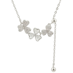 925 Sterling Silver Triple Clover Necklace – Mother of Pearl & CZ Lariat Pendant| BJ-30