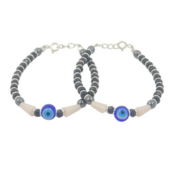 925 Starling Silver Evil Eye Protection Nazariya, Black Crystal Beads with Blue Glass Eye Pendant, Hematite Pearl Accents | BJKDNJ-04