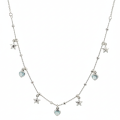 925 Sterling Silver Star and Heart Charm Necklace | Light Blue Crystal Dangle Choker for Women