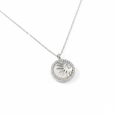 925 Sterling Silver Celestial Sun Medallion Necklace | Vintage Mother of Pearl Inlay & Sparkling Halo Pendant | BJ-23