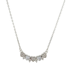 925 Sterling Silver Heart Cluster Curved Necklace – Iridescent MOP & Crystal Heart Bar Pendant | BJ-40
