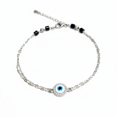 925 Sterling Silver Evil Eye Bracelate, Crystal Rhinestone Pendant Chain, Blue Glass Eye, Black Beaded Accent | Gifts for Women & Girls & Girlfriend |Wedding and Christmas Gifts | BJBR-048