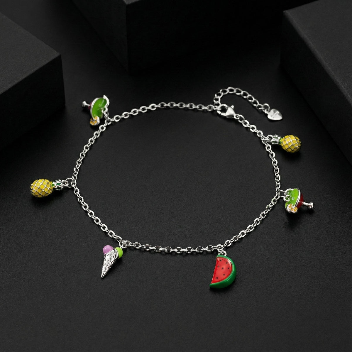 925 Sterling Silver Fruit Charm Anklets for Girls &amp; Women | Watermelon, Pineapple &amp; Ice Cream Charms | Cute Trendy Anklets | BJAK-0003