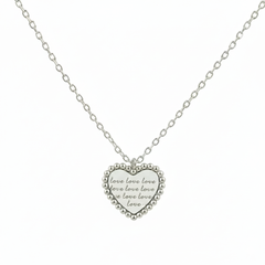 925 Sterling Silver Engraved Script Heart Necklace | Minimalist Beaded Caviar Border Message Pendant | BJ-22