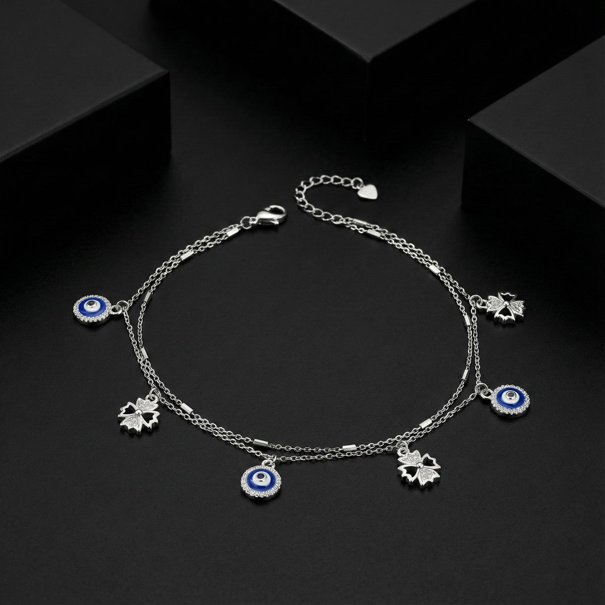925 Starling Silver Double Layer Evil Eye Charm Anklet | Silver Anklet with Leaf Charms for Women &amp; Girls | BJAK-0012
