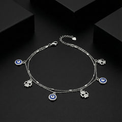 925 Starling Silver Double Layer Evil Eye Charm Anklet | Silver Anklet with Leaf Charms for Women &amp; Girls | BJAK-0012