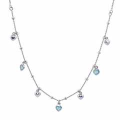925 Sterling Silver Multi-Heart Charm Necklace | Light Blue Crystal and Silver Heart Dangle Choker for Women| BJ-03