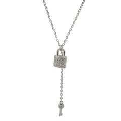 925 Sterling Silver Lock and Key Lariat Necklace | Elegant Sparkling Pavé Padlock & Droplet Key Pendant| BJ-026