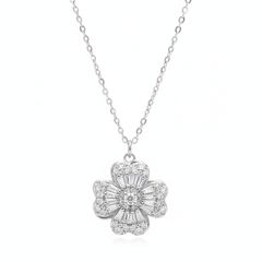 925 Sterling Silver Luxury Floral Pendant – Art Deco Mixed-Cut Baguette & Round CZ Necklace | BJ-36