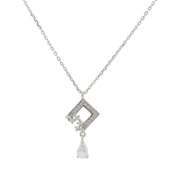 925 Sterling Silver Geometric Rhombus & Pear-Cut CZ Drop Necklace | BJ-013
