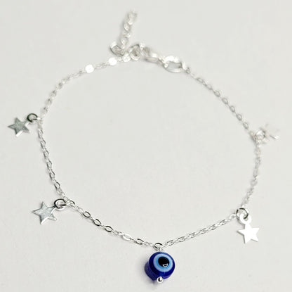 BHAVANI JEWELLERS 925 Italian Starling Silver Star Charms Whith Evil Eye Adjustable Bracelate | BJ-049