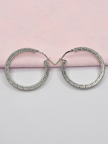 BHAVANI JEWELLERS 925 Italian Starling Silver Greek Key Patternrd Hoop Creole Earring | BJ-ER-013