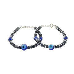 925 Starling Silver Evil Eye Protection Kids Nazariya, Black and Blue Glass Beads, Traditional Turkish Nazar Amulet Design | BJKDNJ-013