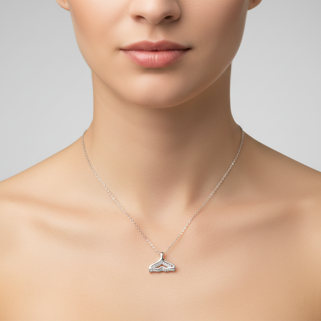 925 Sterling Silver Whale Tail Fluke Necklace | Minimalist Sparkling Pavé Mermaid Tail Ocean Pendant| BJ-24