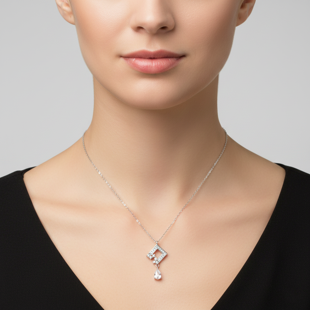 925 Sterling Silver Geometric Rhombus & Pear-Cut CZ Drop Necklace | BJ-013