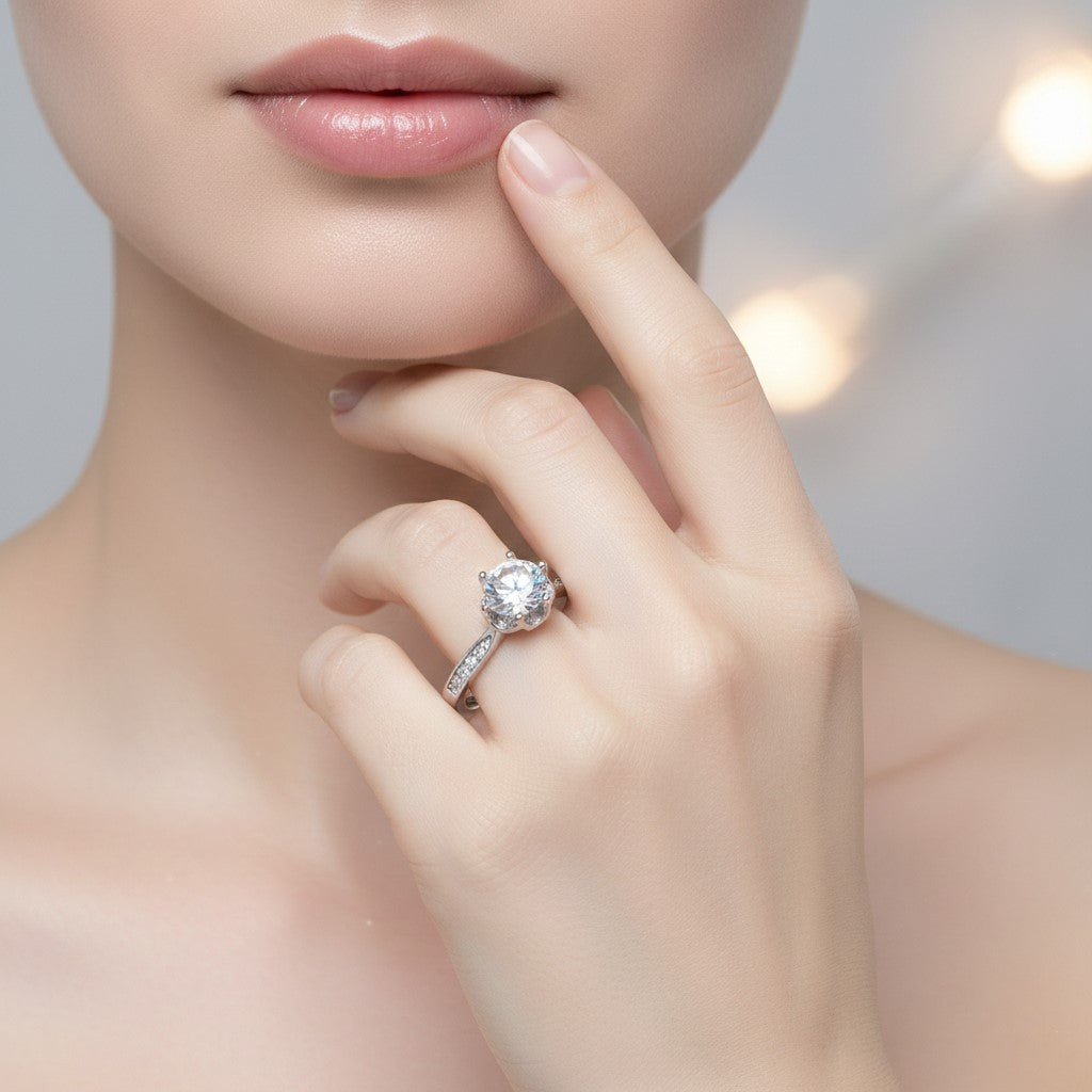 925 Sterling Silver Round Cut Cubic Zirconia Engagement Ring, Classic Solitaire with Crystal Accented Band, 925 Silver Wedding Ring | BJLR-0008