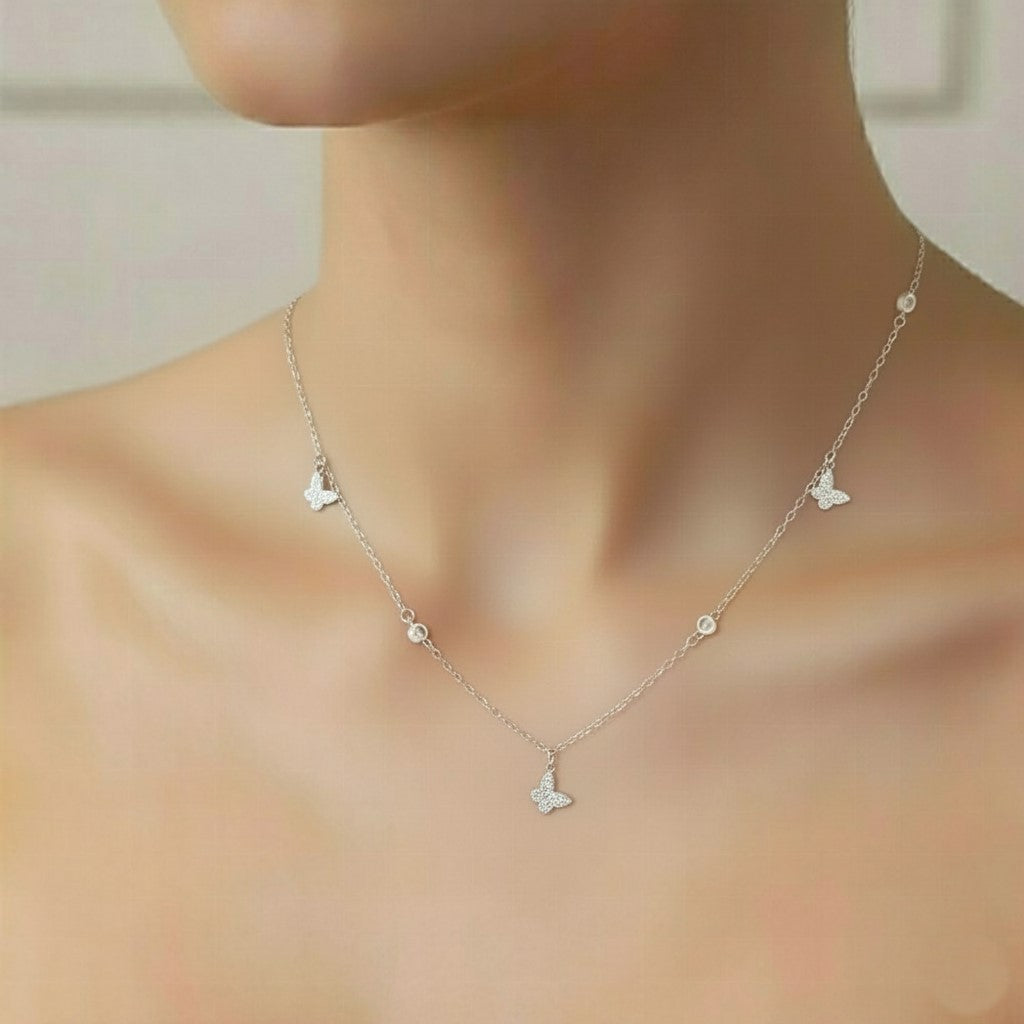 925 Sterling Silver Butterfly Station Choker Necklace for Women | Minimalist Cubic Zirconia Layering Chain
