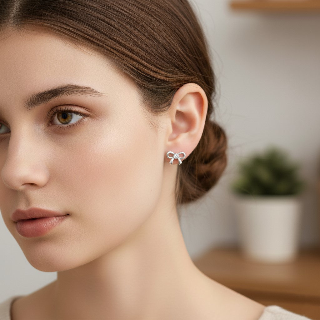 925 Sterling Silver Bow Stud Earrings with Crystal, Dainty Butterfly Design | Gifts for Women & Girls & Girlfriend |Wedding and Christmas Gifts | BJER-05