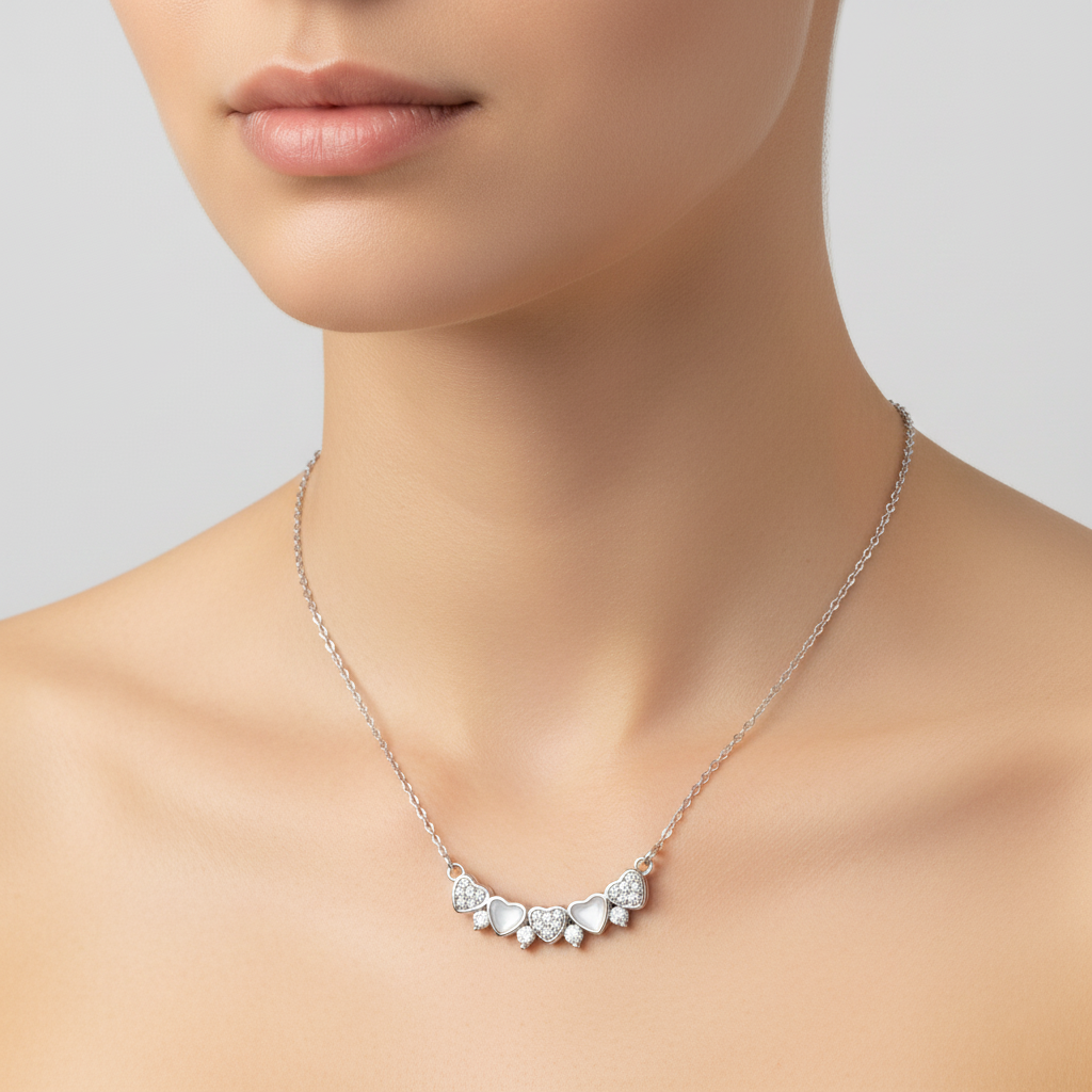 925 Sterling Silver Heart Cluster Curved Necklace – Iridescent MOP & Crystal Heart Bar Pendant | BJ-40