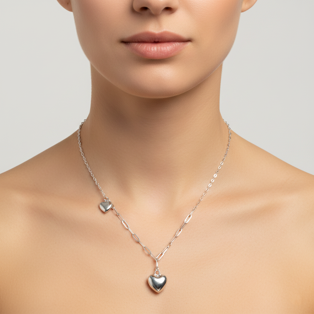 925 Sterling Silver Asymmetric Double Heart Necklace | Modern Paperclip Link & High-Polish Puffy Heart Pendant| BJ-25