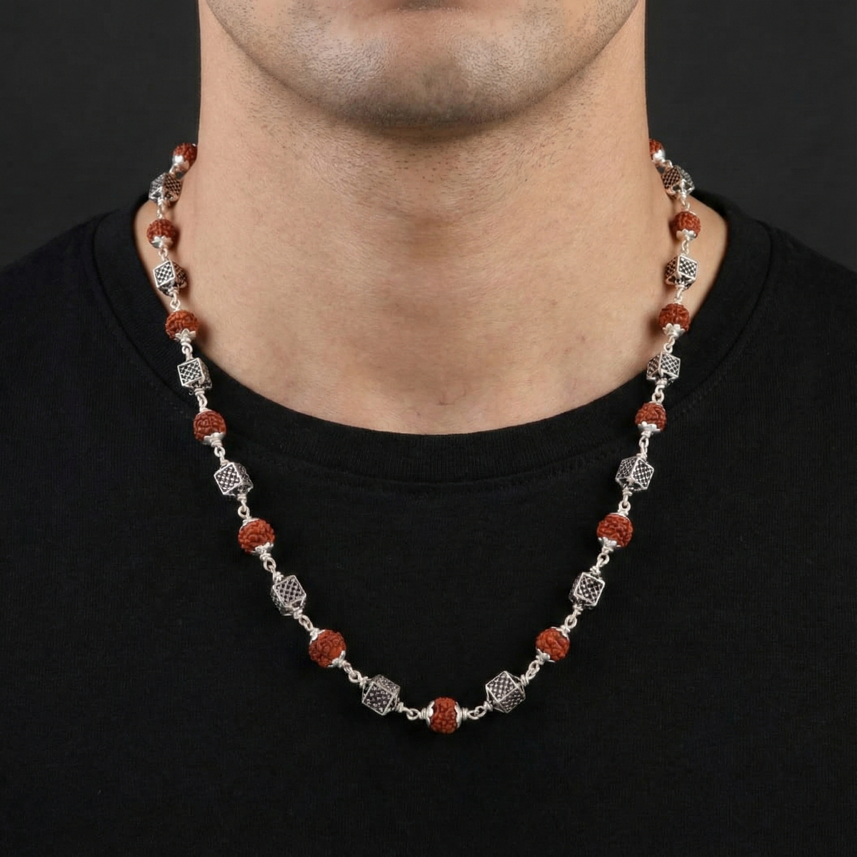 Sovereign 925 Sterling Silver Rudraksha Mala – Architectural Cube Filigree Design | BJRDXMLA-05