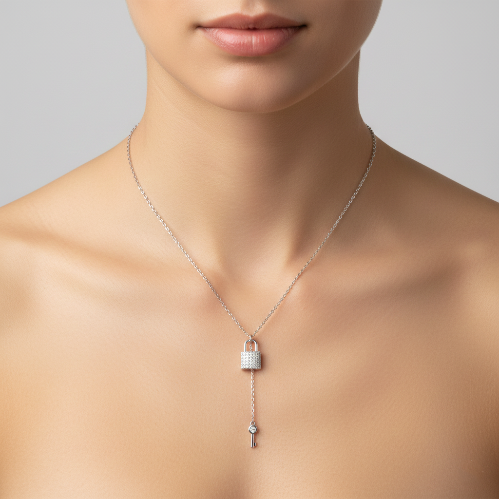 925 Sterling Silver Lock and Key Lariat Necklace | Elegant Sparkling Pavé Padlock & Droplet Key Pendant| BJ-026