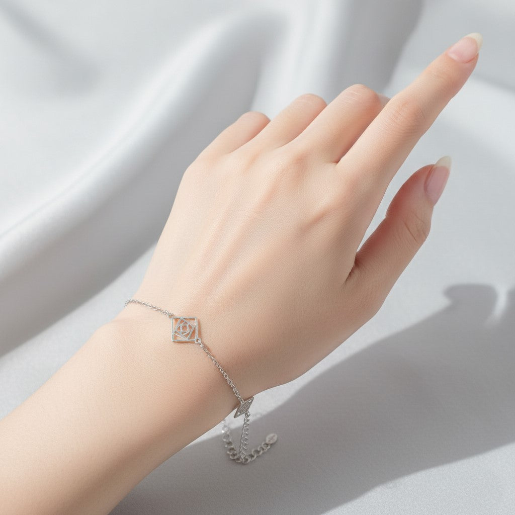 925 Sterling Silver Dainty Geometric Square Bracelet, Delicate Chain Design with Square Floral Charm, Adjustable Length| Gifts for Women & Girls & Girlfriend |Wedding and Christmas Gifts | BJBR-047