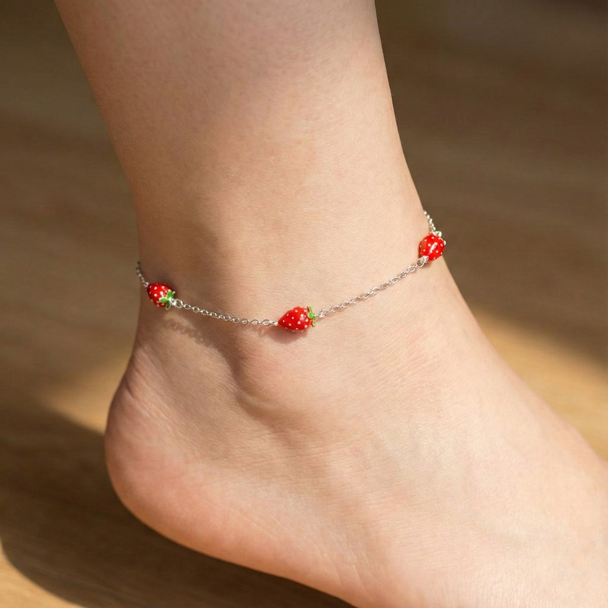 Adorable 925 Sterling Silver Strawberry Charm Anklet | Sweet Summer Fruit Payal| BJAK-0005