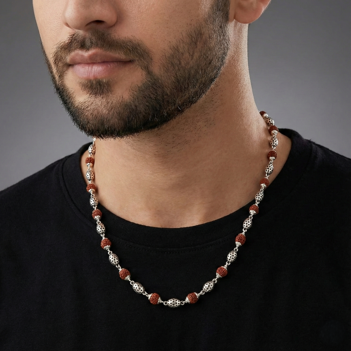 Sacred 925 Sterling Silver Rudraksha Mala – Handcrafted Spiritual Power Chain| BJRDXMLA-01