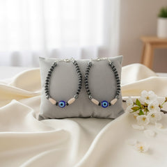 925 Starling Silver Evil Eye Protection Nazariya, Black Crystal Beads with Blue Glass Eye Pendant, Hematite Pearl Accents | BJKDNJ-04