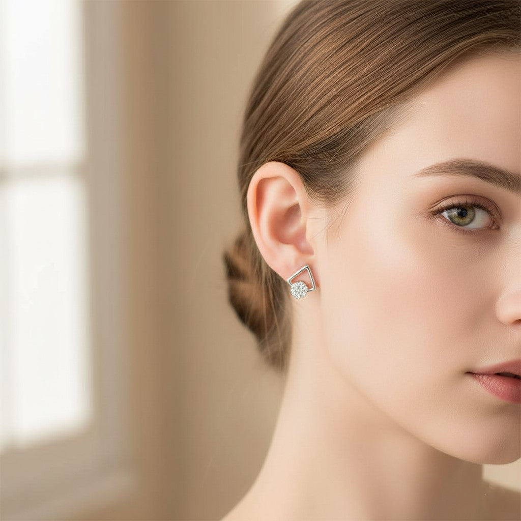 Geometric Brilliance: 925 Sterling Silver Geometric Pave Stud Earrings| BJER-01