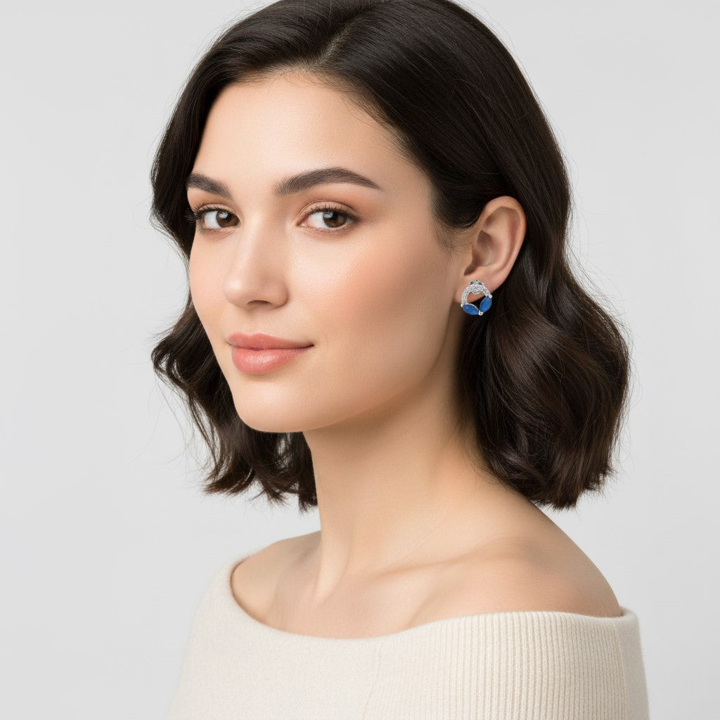 925 Sterling Silver Blue Sapphire Crystal Stud Earrings, Round Half-Circle Design with Cubic Zirconia Accents, Jewelry for Women | Gifts for Women & Girls & Girlfriend |Wedding and Christmas Gifts | BJER-07