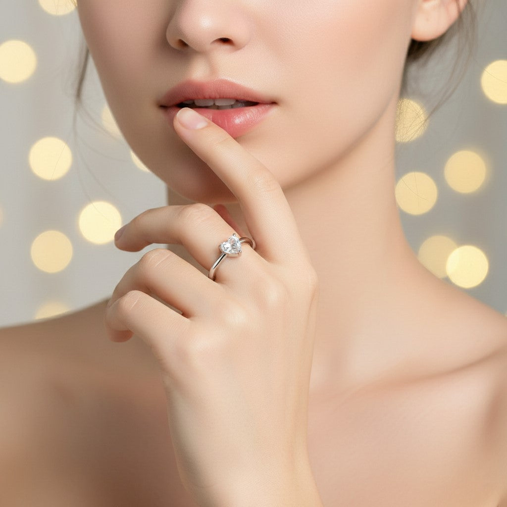 925 Sterling Silver Heart-Shaped Cubic Zirconia Ring, 925 Sterling Silver, Solitaire Engagement Style, Minimalist Design | BJLR-0005