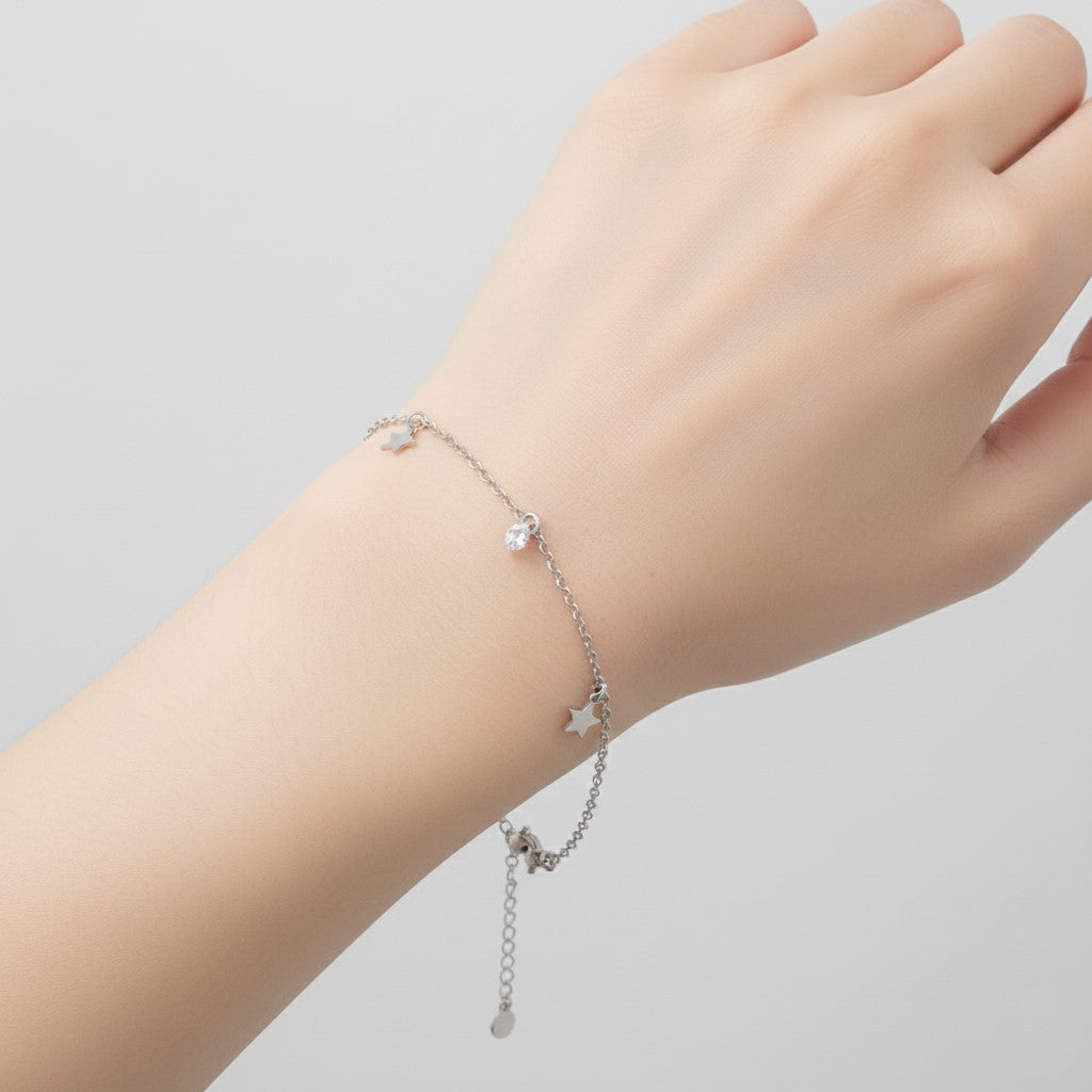 925 Delicate Sterling Silver Star Charm Bracelate, Adjustable Chain Link Design with Crystal Accent| Gifts for Women & Girls & Girlfriend |Wedding and Christmas Gifts | BJBR-043