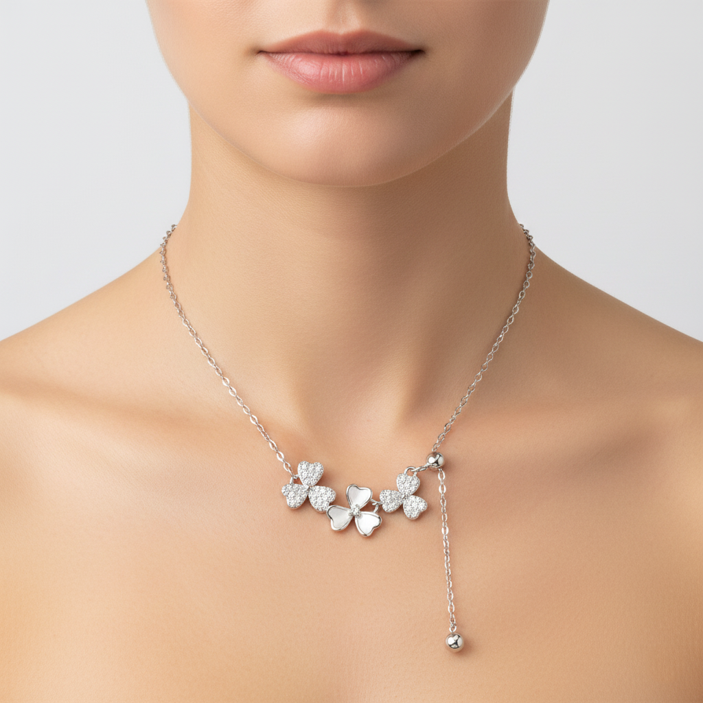 925 Sterling Silver Triple Clover Necklace – Mother of Pearl & CZ Lariat Pendant| BJ-30