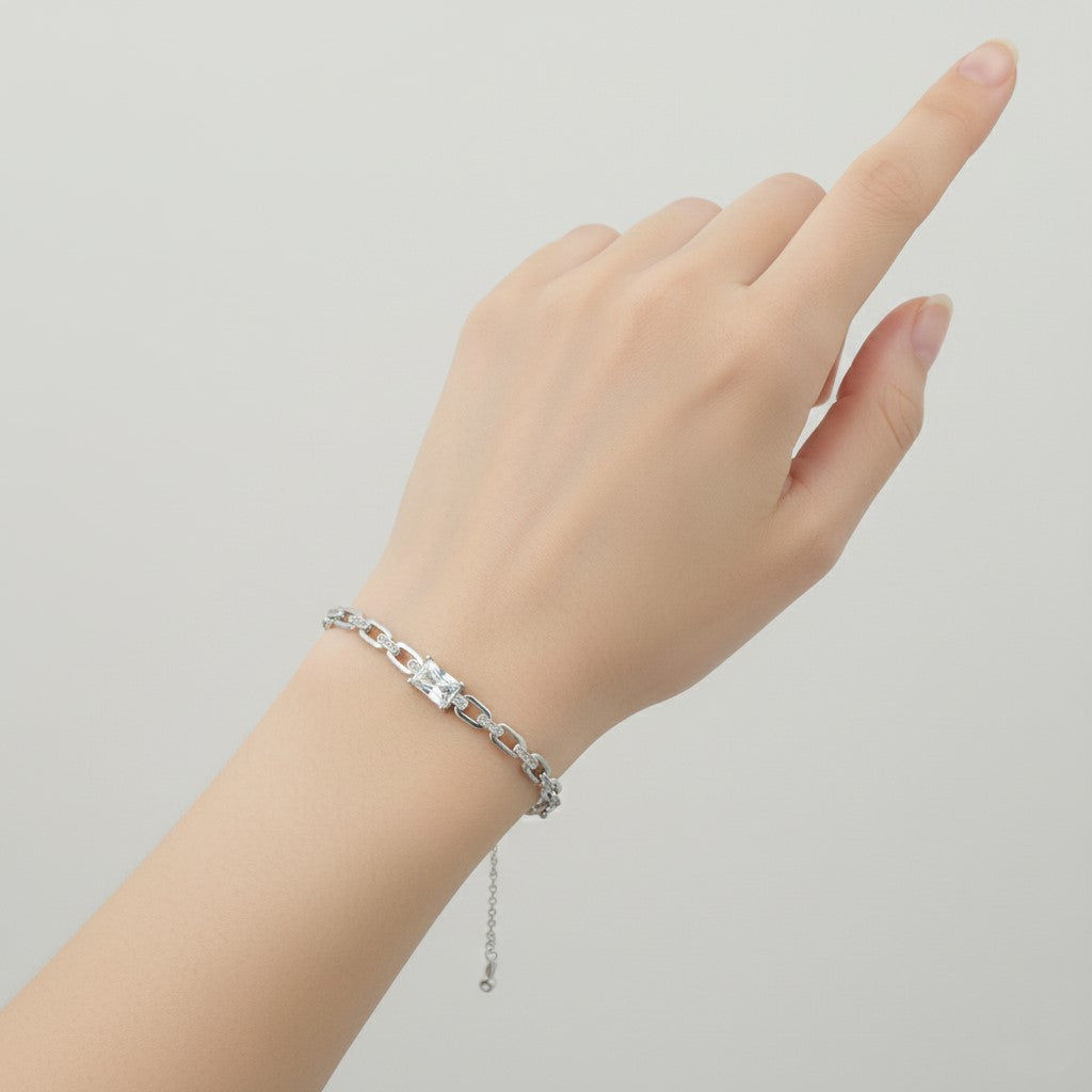 925 Sterling Silver Crystal Bracelet, Elegant Chain Link Design with Square Center Stone, Adjustable Length, Jewelry for Women| Gifts for Women & Girls & Girlfriend |Wedding and Christmas Gifts | BJBR-038