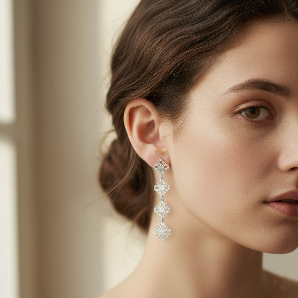 Intricate Grace: 925 Sterling Silver Triple Filigree Clover Drop Earrings | BJER-018