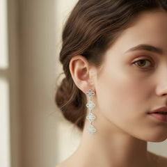 925 Sterling Silver Floral Drop Dangle Earrings, Triple Flower Design, Openwork Pattern, Elegant Women's Jewelry | Gifts for Women & Girls & Girlfriend |Wedding and Christmas Gifts | BJER-018