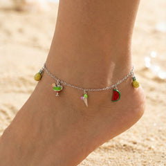 925 Sterling Silver Fruit Charm Anklets for Girls &amp; Women | Watermelon, Pineapple &amp; Ice Cream Charms | Cute Trendy Anklets | BJAK-0003