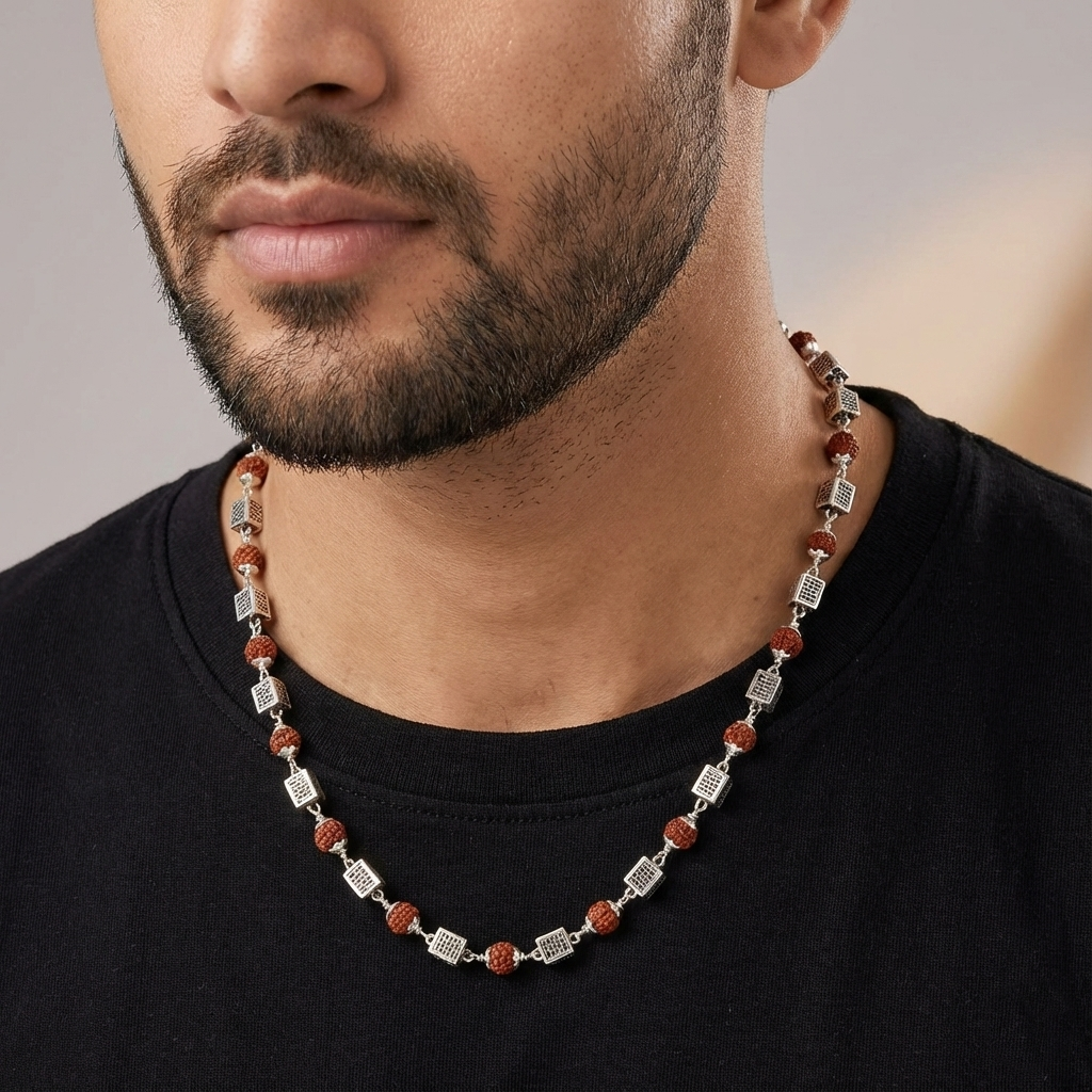 Imperial 925 Sterling Silver Rudraksha Mala – Handcrafted Geometric Cube Filigree Chain | BJRDXMLA-06