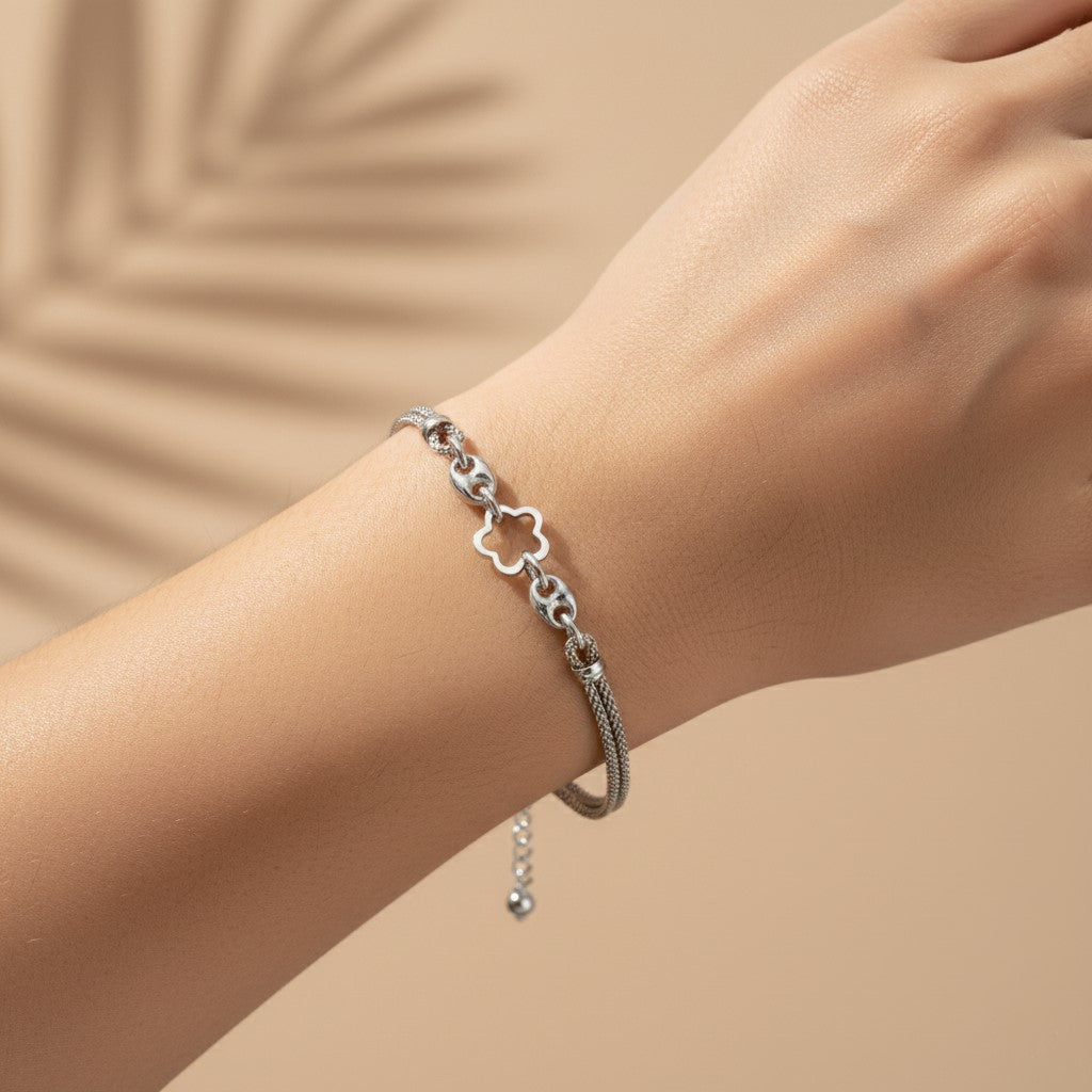 925 Sterling Silver Mesh Chain Bracelet with White Star Charm, Delicate Women's Jewelry | Gifts for Women & Girls & Girlfriend |Wedding and Christmas Gifts | BJBR-01
